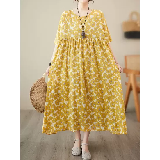 Floral Printed Pleated Split-Joint Loose Raglan Sleeve Round-Neck Midi Dresses Floral Printed Pleated Split-Joint Loose Raglan Sleeve Round-Neck Midi Dresses