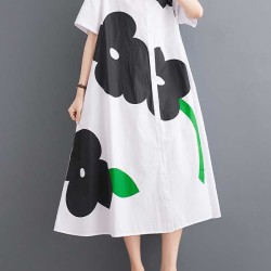 Buttoned Floral Printed Loose Short Sleeves Lapel Collar Midi Dresses