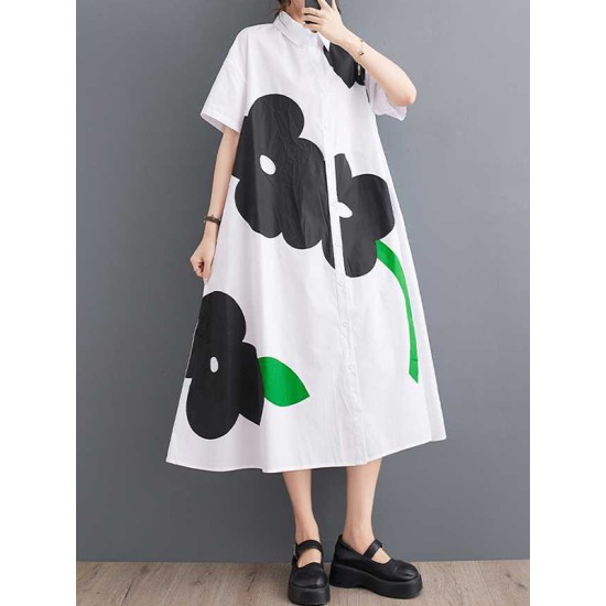 Buttoned Floral Printed Loose Short Sleeves Lapel Collar Midi Dresses Buttoned Floral Printed Loose Short Sleeves Lapel Collar Midi Dresses