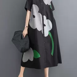 Buttoned Floral Printed Loose Short Sleeves Lapel Collar Midi Dresses