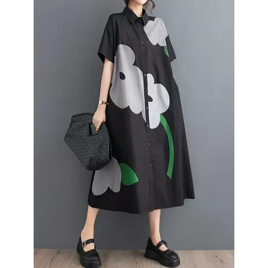 Buttoned Floral Printed Loose Short Sleeves Lapel Collar Midi Dresses Buttoned Floral Printed Loose Short Sleeves Lapel Collar Midi Dresses