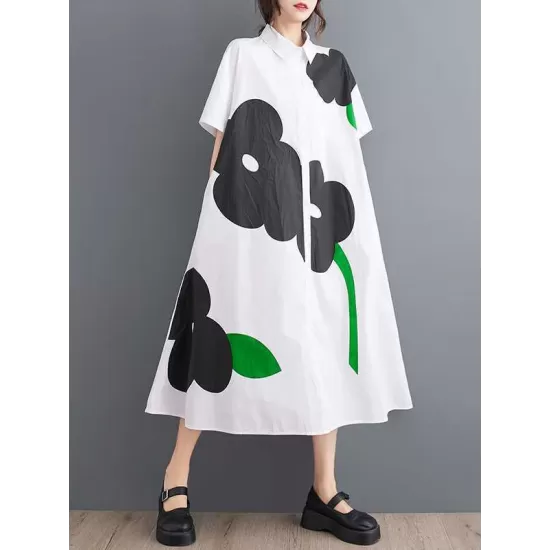Buttoned Floral Printed Loose Short Sleeves Lapel Collar Midi Dresses Buttoned Floral Printed Loose Short Sleeves Lapel Collar Midi Dresses