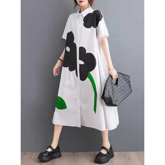 Buttoned Floral Printed Loose Short Sleeves Lapel Collar Midi Dresses Buttoned Floral Printed Loose Short Sleeves Lapel Collar Midi Dresses