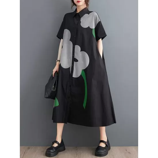Buttoned Floral Printed Loose Short Sleeves Lapel Collar Midi Dresses Buttoned Floral Printed Loose Short Sleeves Lapel Collar Midi Dresses