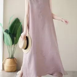 Solid Color A-Line Loose Round-Neck Midi Dresses