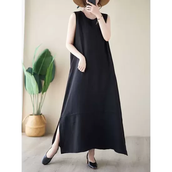 Solid Color A-Line Loose Round-Neck Midi Dresses Solid Color A-Line Loose Round-Neck Midi Dresses