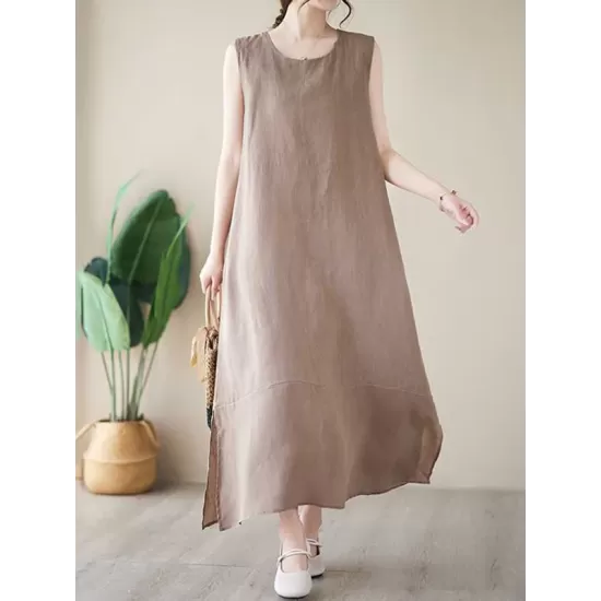Solid Color A-Line Loose Round-Neck Midi Dresses Solid Color A-Line Loose Round-Neck Midi Dresses