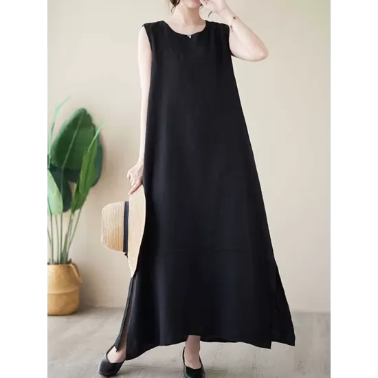 Solid Color A-Line Loose Round-Neck Midi Dresses Solid Color A-Line Loose Round-Neck Midi Dresses