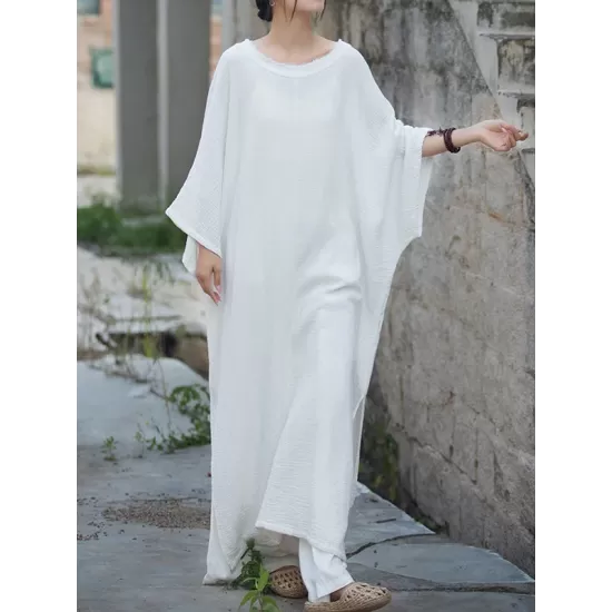 Solid Color Split-Side Batwing Sleeves Long Sleeves Round-Neck Midi Dresses Solid Color Split-Side Batwing Sleeves Long Sleeves Round-Neck Midi Dresses