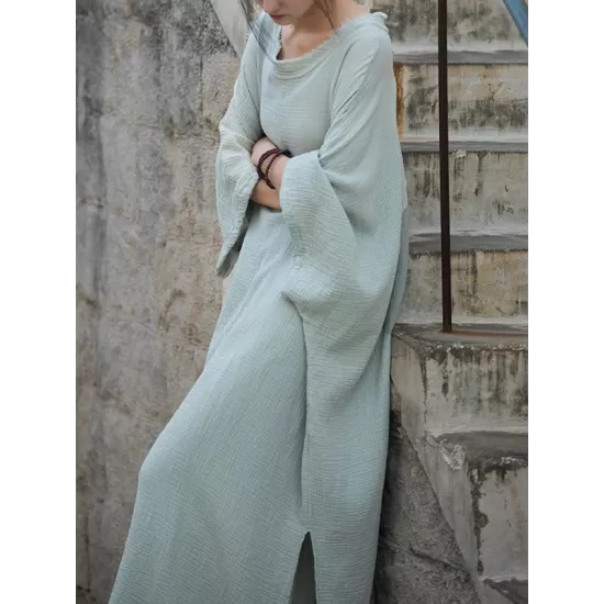 Solid Color Split-Side Batwing Sleeves Long Sleeves Round-Neck Midi Dresses Solid Color Split-Side Batwing Sleeves Long Sleeves Round-Neck Midi Dresses