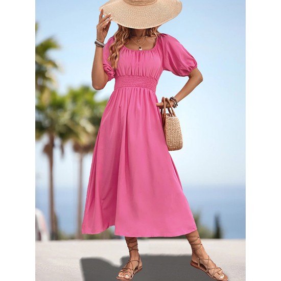 Elasticity Pleated Solid Color Split-Joint A-Line Bishop Sleeve Off-The-Shoulder Midi Dresses Elasticity Pleated Solid Color Split-Joint A-Line Bishop Sleeve Off-The-Shoulder Midi Dresses