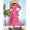 Elasticity Pleated Solid Color Split-Joint A-Line Bishop Sleeve Off-The-Shoulder Midi Dresses