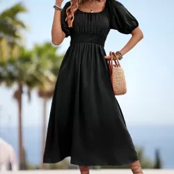 Elasticity Pleated Solid Color Split-Joint A-Line Bishop Sleeve Off-The-Shoulder Midi Dresses