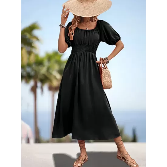 Elasticity Pleated Solid Color Split-Joint A-Line Bishop Sleeve Off-The-Shoulder Midi Dresses Elasticity Pleated Solid Color Split-Joint A-Line Bishop Sleeve Off-The-Shoulder Midi Dresses
