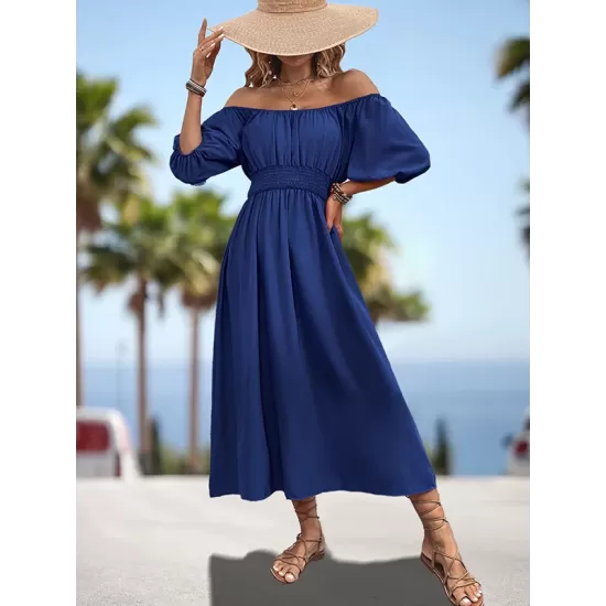 Elasticity Pleated Solid Color Split-Joint A-Line Bishop Sleeve Off-The-Shoulder Midi Dresses Elasticity Pleated Solid Color Split-Joint A-Line Bishop Sleeve Off-The-Shoulder Midi Dresses