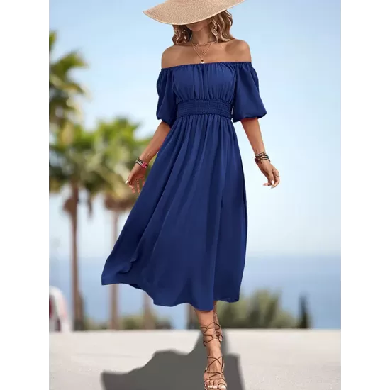 Elasticity Pleated Solid Color Split-Joint A-Line Bishop Sleeve Off-The-Shoulder Midi Dresses Elasticity Pleated Solid Color Split-Joint A-Line Bishop Sleeve Off-The-Shoulder Midi Dresses