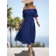 Elasticity Pleated Solid Color Split-Joint A-Line Bishop Sleeve Off-The-Shoulder Midi Dresses Elasticity Pleated Solid Color Split-Joint A-Line Bishop Sleeve Off-The-Shoulder Midi Dresses