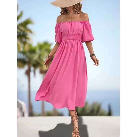 Elasticity Pleated Solid Color Split-Joint A-Line Bishop Sleeve Off-The-Shoulder Midi Dresses Elasticity Pleated Solid Color Split-Joint A-Line Bishop Sleeve Off-The-Shoulder Midi Dresses