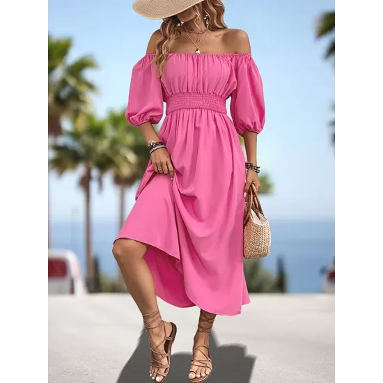 Elasticity Pleated Solid Color Split-Joint A-Line Bishop Sleeve Off-The-Shoulder Midi Dresses Elasticity Pleated Solid Color Split-Joint A-Line Bishop Sleeve Off-The-Shoulder Midi Dresses