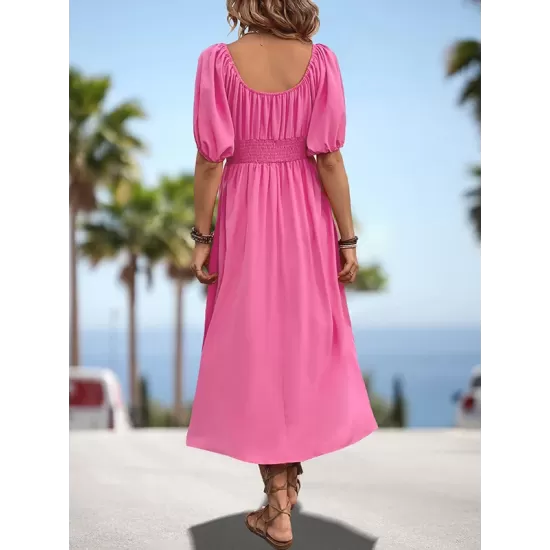 Elasticity Pleated Solid Color Split-Joint A-Line Bishop Sleeve Off-The-Shoulder Midi Dresses Elasticity Pleated Solid Color Split-Joint A-Line Bishop Sleeve Off-The-Shoulder Midi Dresses