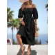Elasticity Pleated Solid Color Split-Joint A-Line Bishop Sleeve Off-The-Shoulder Midi Dresses Elasticity Pleated Solid Color Split-Joint A-Line Bishop Sleeve Off-The-Shoulder Midi Dresses