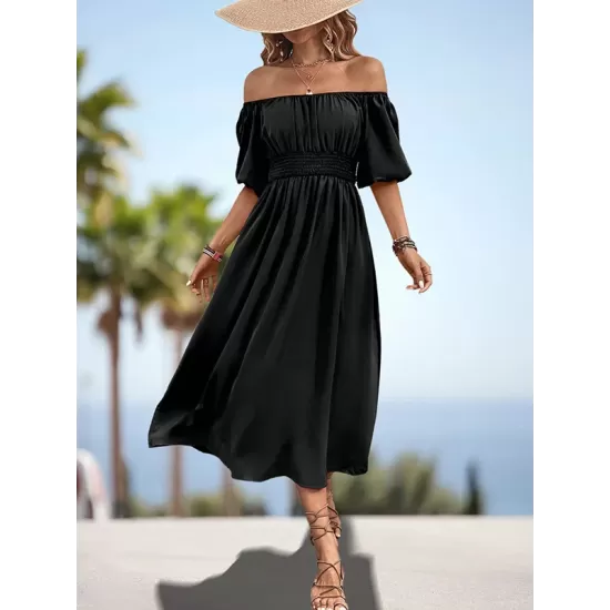 Elasticity Pleated Solid Color Split-Joint A-Line Bishop Sleeve Off-The-Shoulder Midi Dresses Elasticity Pleated Solid Color Split-Joint A-Line Bishop Sleeve Off-The-Shoulder Midi Dresses