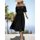 Elasticity Pleated Solid Color Split-Joint A-Line Bishop Sleeve Off-The-Shoulder Midi Dresses Elasticity Pleated Solid Color Split-Joint A-Line Bishop Sleeve Off-The-Shoulder Midi Dresses