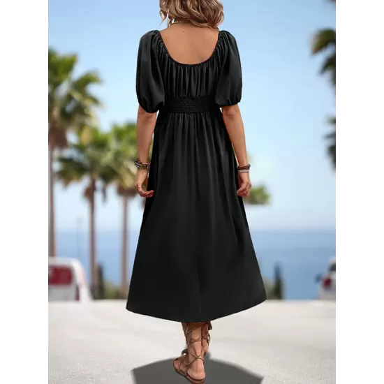 Elasticity Pleated Solid Color Split-Joint A-Line Bishop Sleeve Off-The-Shoulder Midi Dresses Elasticity Pleated Solid Color Split-Joint A-Line Bishop Sleeve Off-The-Shoulder Midi Dresses