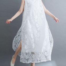 A-Line Loose Lacy See-Through Solid Color Split-Side Round-Neck Midi Dresses