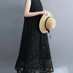 A-Line Loose Lacy See-Through Solid Color Split-Side Round-Neck Midi Dresses