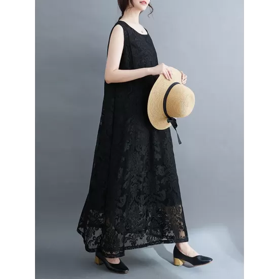 A-Line Loose Lacy See-Through Solid Color Split-Side Round-Neck Midi Dresses A-Line Loose Lacy See-Through Solid Color Split-Side Round-Neck Midi Dresses