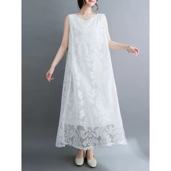 A-Line Loose Lacy See-Through Solid Color Split-Side Round-Neck Midi Dresses A-Line Loose Lacy See-Through Solid Color Split-Side Round-Neck Midi Dresses