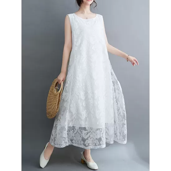 A-Line Loose Lacy See-Through Solid Color Split-Side Round-Neck Midi Dresses A-Line Loose Lacy See-Through Solid Color Split-Side Round-Neck Midi Dresses