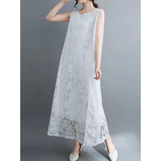 A-Line Loose Lacy See-Through Solid Color Split-Side Round-Neck Midi Dresses A-Line Loose Lacy See-Through Solid Color Split-Side Round-Neck Midi Dresses