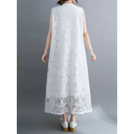 A-Line Loose Lacy See-Through Solid Color Split-Side Round-Neck Midi Dresses A-Line Loose Lacy See-Through Solid Color Split-Side Round-Neck Midi Dresses