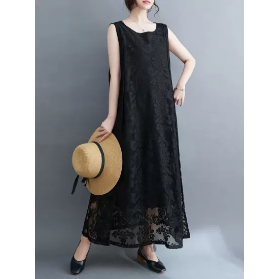 A-Line Loose Lacy See-Through Solid Color Split-Side Round-Neck Midi Dresses A-Line Loose Lacy See-Through Solid Color Split-Side Round-Neck Midi Dresses