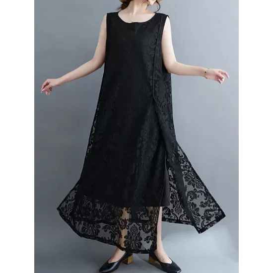 A-Line Loose Lacy See-Through Solid Color Split-Side Round-Neck Midi Dresses A-Line Loose Lacy See-Through Solid Color Split-Side Round-Neck Midi Dresses