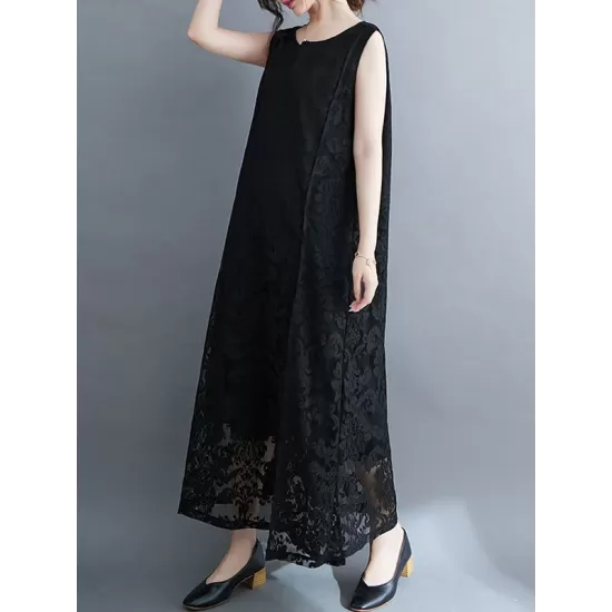 A-Line Loose Lacy See-Through Solid Color Split-Side Round-Neck Midi Dresses A-Line Loose Lacy See-Through Solid Color Split-Side Round-Neck Midi Dresses