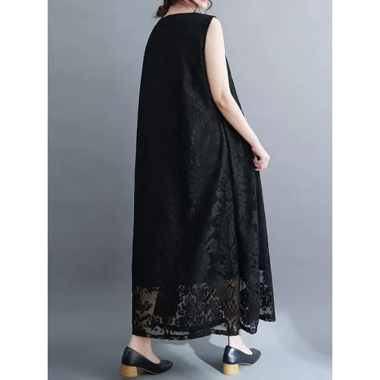 A-Line Loose Lacy See-Through Solid Color Split-Side Round-Neck Midi Dresses A-Line Loose Lacy See-Through Solid Color Split-Side Round-Neck Midi Dresses