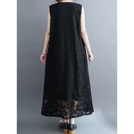 A-Line Loose Lacy See-Through Solid Color Split-Side Round-Neck Midi Dresses A-Line Loose Lacy See-Through Solid Color Split-Side Round-Neck Midi Dresses