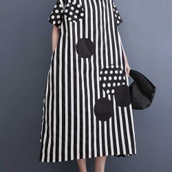 Loose Short Sleeves Polka-Dot Striped Round-Neck Midi Dresses