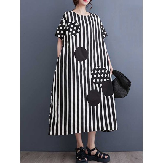 Loose Short Sleeves Polka-Dot Striped Round-Neck Midi Dresses Loose Short Sleeves Polka-Dot Striped Round-Neck Midi Dresses