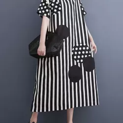 Loose Short Sleeves Polka-Dot Striped Round-Neck Midi Dresses