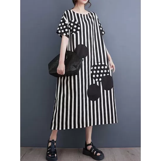 Loose Short Sleeves Polka-Dot Striped Round-Neck Midi Dresses Loose Short Sleeves Polka-Dot Striped Round-Neck Midi Dresses