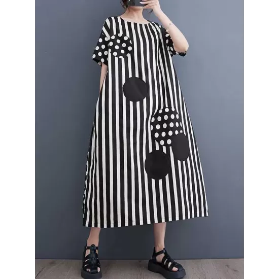 Loose Short Sleeves Polka-Dot Striped Round-Neck Midi Dresses Loose Short Sleeves Polka-Dot Striped Round-Neck Midi Dresses