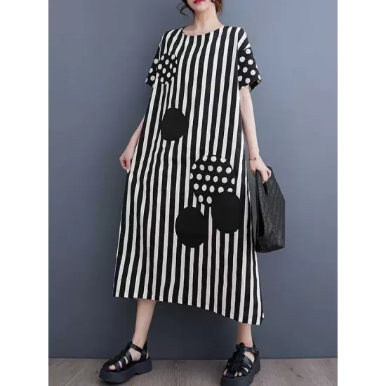 Loose Short Sleeves Polka-Dot Striped Round-Neck Midi Dresses Loose Short Sleeves Polka-Dot Striped Round-Neck Midi Dresses