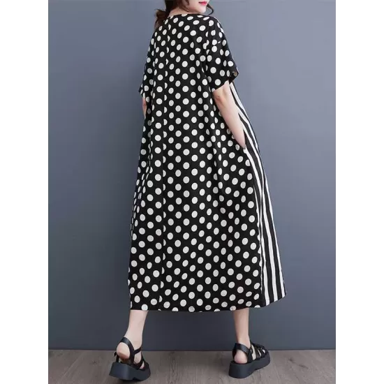 Loose Short Sleeves Polka-Dot Striped Round-Neck Midi Dresses Loose Short Sleeves Polka-Dot Striped Round-Neck Midi Dresses