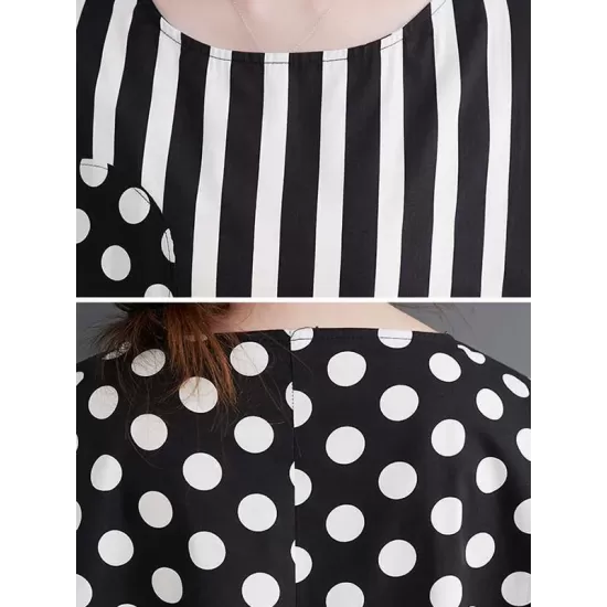 Loose Short Sleeves Polka-Dot Striped Round-Neck Midi Dresses Loose Short Sleeves Polka-Dot Striped Round-Neck Midi Dresses