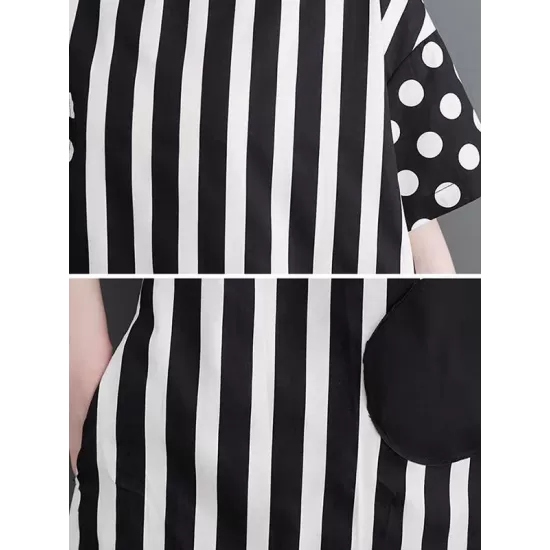 Loose Short Sleeves Polka-Dot Striped Round-Neck Midi Dresses Loose Short Sleeves Polka-Dot Striped Round-Neck Midi Dresses
