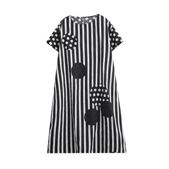 Loose Short Sleeves Polka-Dot Striped Round-Neck Midi Dresses Loose Short Sleeves Polka-Dot Striped Round-Neck Midi Dresses